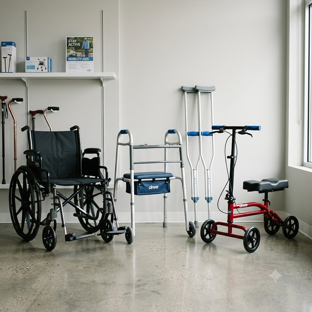 wheelchairs Wheelchair and several mobility aids (crutches, walkers, and a small red scooter) lined up in a clinical room near a window and shelves.