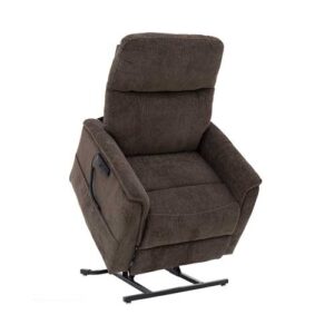 Brown upholstered power lift recliner with a side pocket and metal base on a lift mechanism.