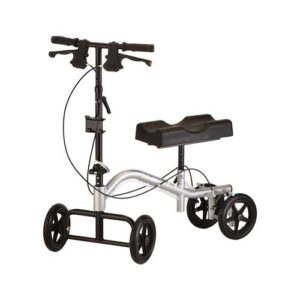 Four-wheeled rollator with a padded seat and handlebar-style grips, designed for mobility assistance.